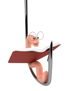 3D rendering of a bookworm Bill character sitting on a fishing hook reading a book.
